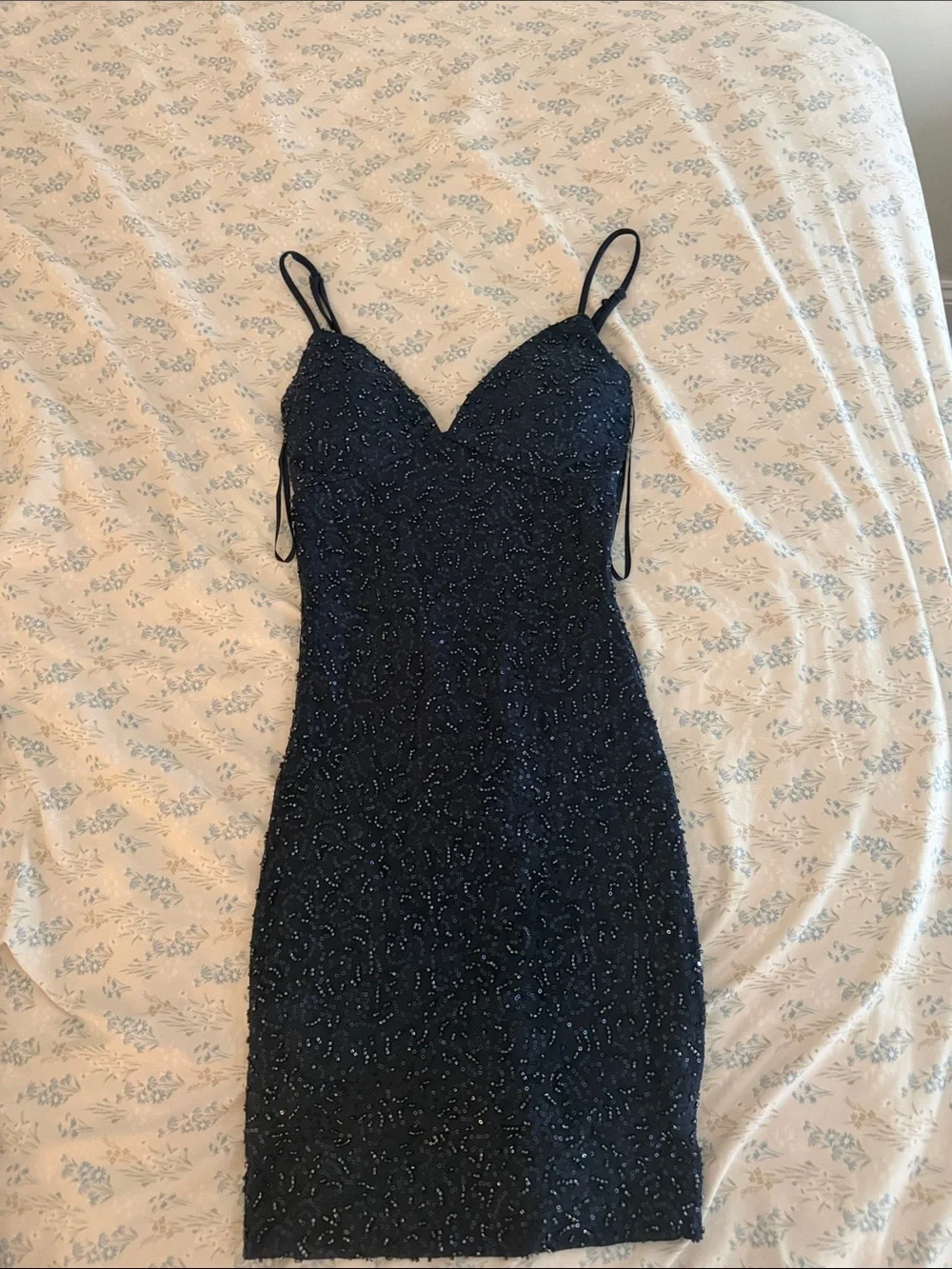 Navy Beaded Spaghetti Strap Sheath Dress